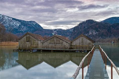 Boathouses At Lake Kochelsee Bavaria Germany Stock Image Image Of