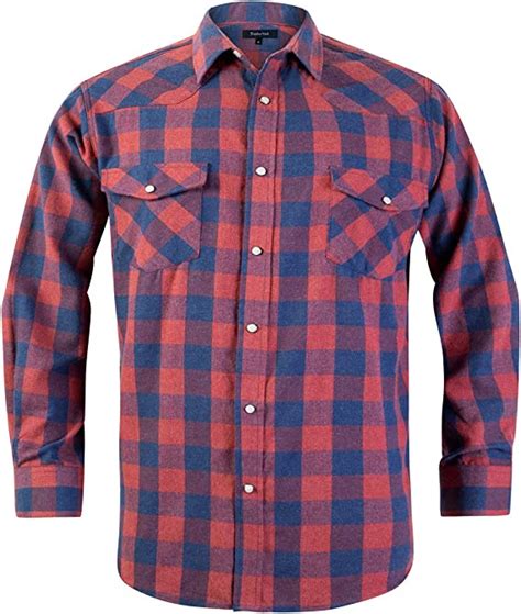 Snap Buttons Flannel Shirts For Men Regular Fit Mens Long Sleeve Shirt Red Blue Mfl010 Medium At