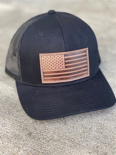 Solid Black Hat With American Flag Leather Patch Etsy