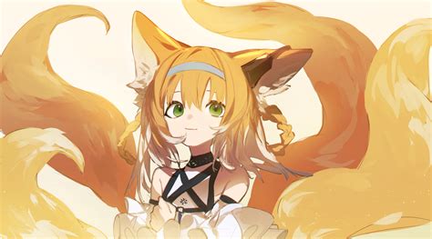 Aonogura Fox Ears Fox Tail Fox Girl Green Eyes Blonde Anime