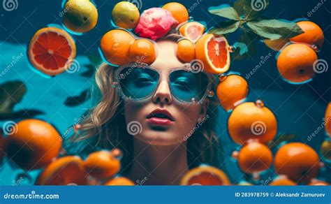 Beautiful Girl Floating On Water With Fresh Tropical Fruits Resort