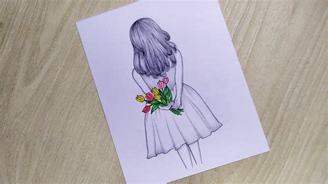 Girl Holding Flowers Behind In Her Back Easy Drawing For Beginners