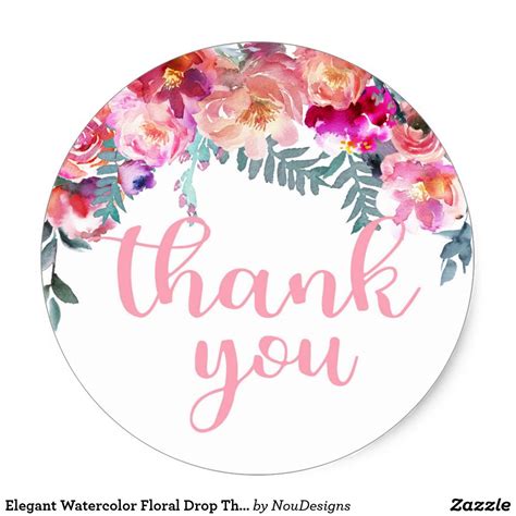 Elegant Watercolor Floral Drop Thank You Classic Round Sticker Zazzle