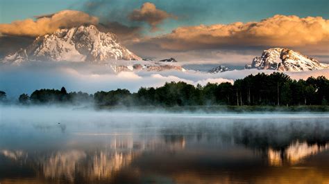 459385 Usa Lake Sunset Wyoming Grand Teton National Park Mist