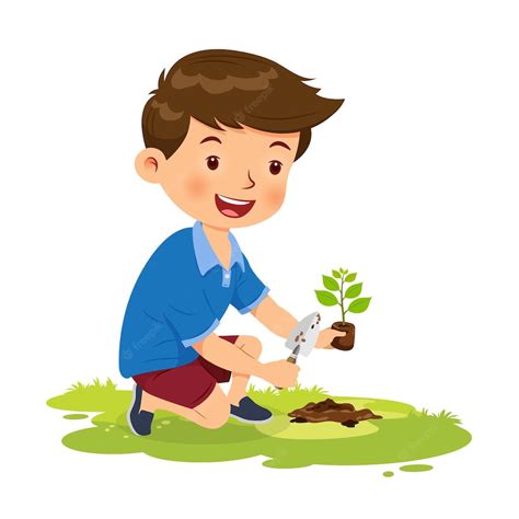menino fofo feliz plantando árvore vetor premium