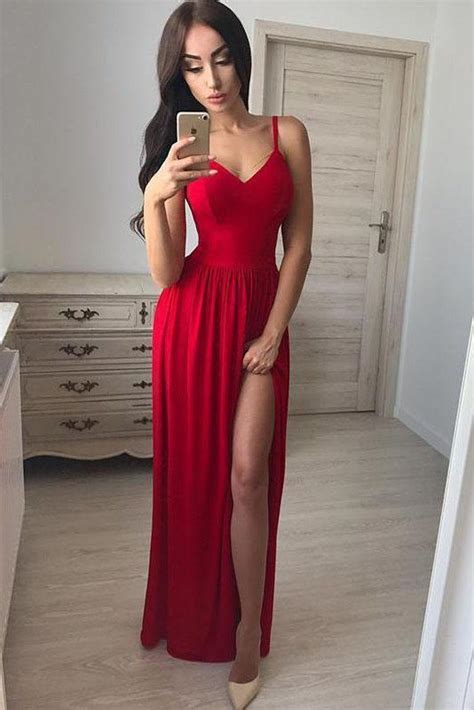 Simple A Line Red Spaghetti Straps Chiffon Prom Dresses V Neck Side