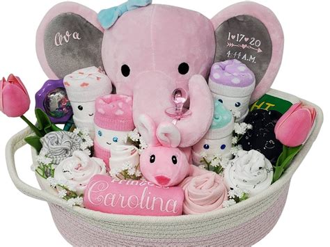 Personalized Baby Girl T Basket Birth Stat Elephant Etsy