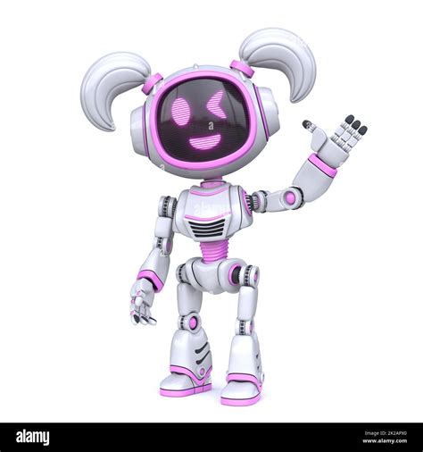 Cute Pink Girl Robot Waving Hand 3d Rendering Illustration Isolated On
