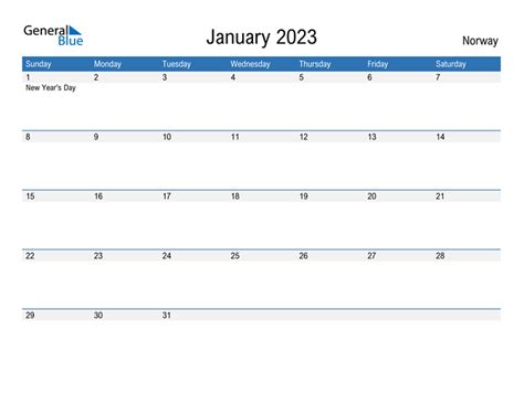 January 2023 Calendar With Norway Holidays