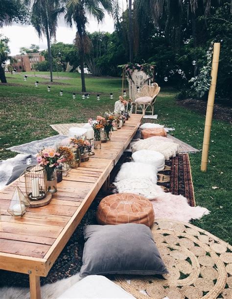 Bohemian Picnic In The Park Set Up Styled By Harper Arrow Backyard Wedding Wedding Reception