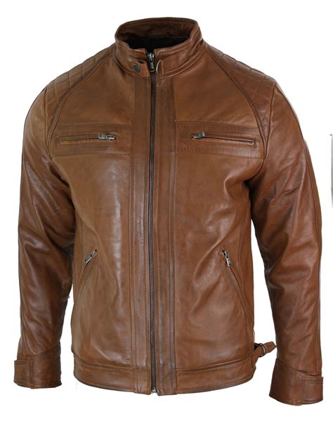 Mens Retro Style Zipped Biker Jacket Real Leather Soft Black Casual Ebay