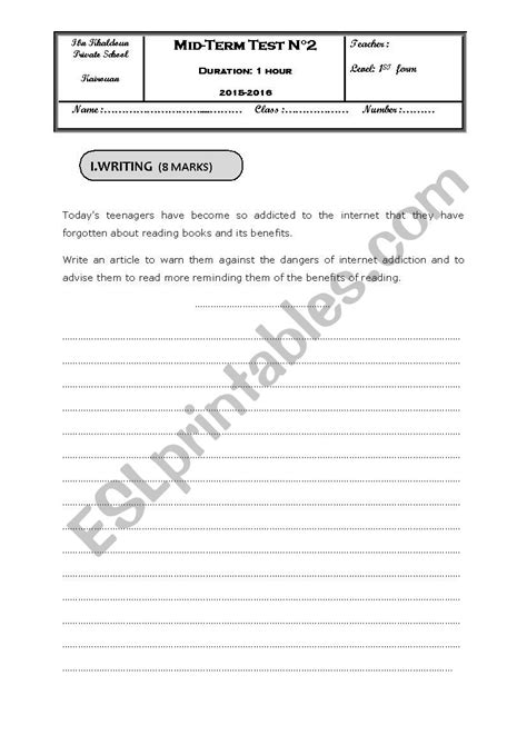 Mid Term Test2 For First Form Esl Worksheet By Ananasa