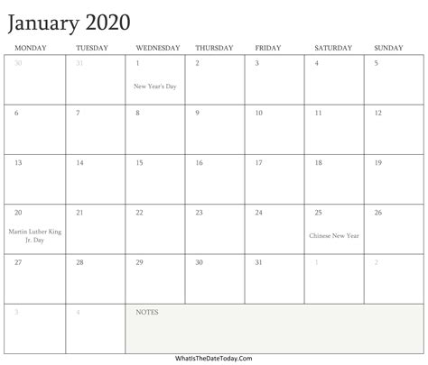 Editable Calendar January 2020 With Holidays Whatisthedatetodaycom