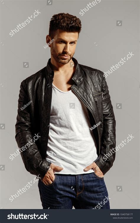 Handsome Man Posing Leather Jacket Stock Photo Shutterstock