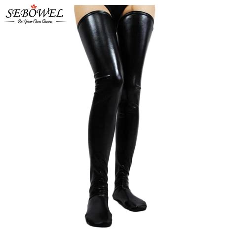 sebowel winter thigh high stocks cludwear long black faux leather sexy latex stockings women wet