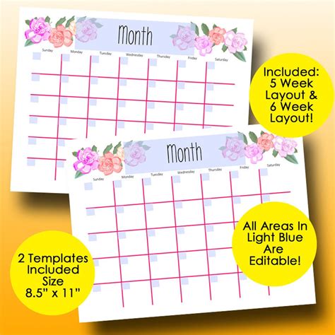 Monthly Calendar Editable Template Planner Printable Calendar Etsy