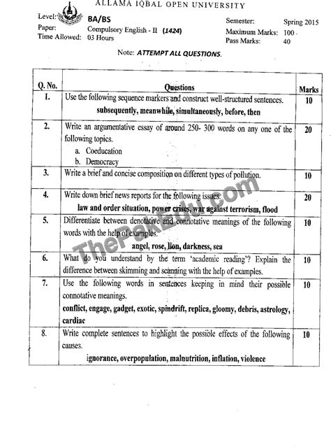 Compulsory English Ii Code No 1424 Spring 2015 Aiou Old Papers