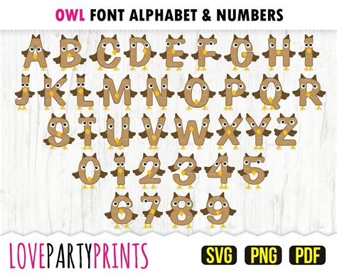 Owl Font Svg Png And Pdf Files Owl Alphabet Owl Numbers Etsy Uk
