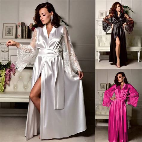 Womens Sleepwear Silk Robes For Women Sexy Lace Satin Long Dressing Night Lingerie Female Kimono