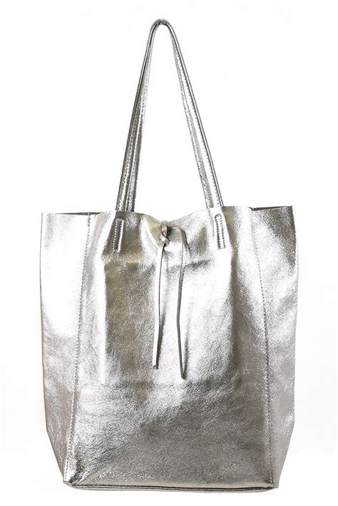 Silver Metallic Leather Tote Bag Etsy