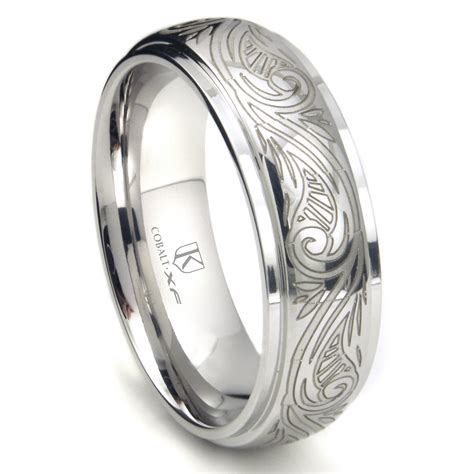 Cobalt Xf Chrome 8mm Laser Engraved Paisley Motif Dome Wedding Band Ring