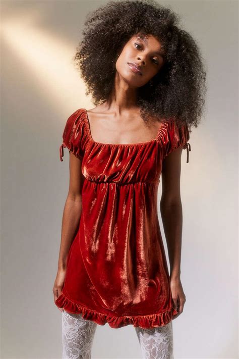 Urban Outfitters Uo Claudette Velvet Babydoll Dress In Red Lyst