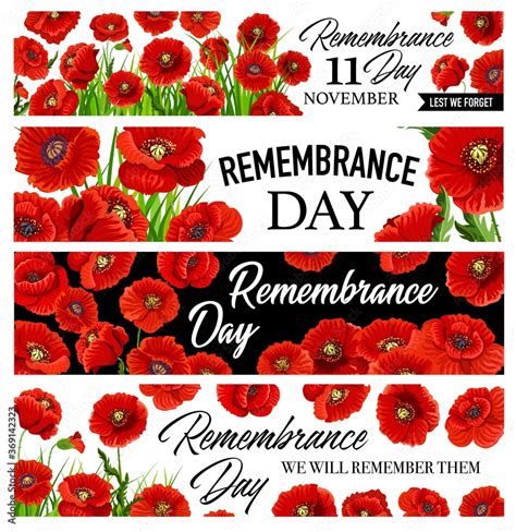 11 November Remembrance Day Banners Set With Poppy Flowers Vector
