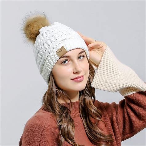 Knit Pom Pom Beanie In White Vegan Fur Pom Beanie Ts That Give Back Rox Winter