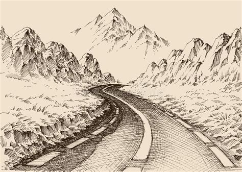 Empty Road Passing Through Alpine Landscape Hand Drawing Travel