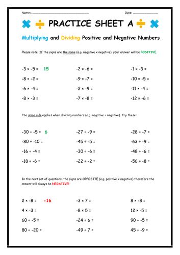 Adding Subtracting Multiplying And Dividing Negative Numbers Worksheet Pdf