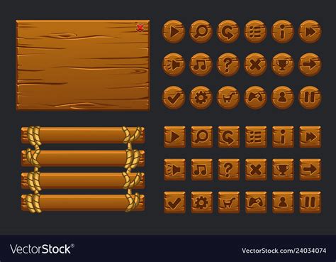 Game Ui Big Kit Template Wooden Menu Of Royalty Free Vector