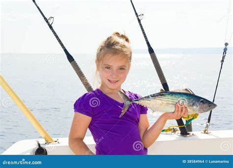 Blond Girl Fishing Bonito Sarda Tuna Trolling Sea Stock Photo Image
