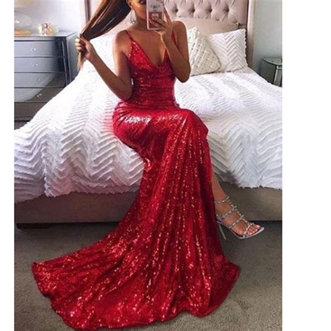 bling bling sequin prom dress red evening party gown slit leg spaghett siaoryne