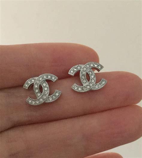 CHANEL Silver CC Mini Crystal Stud Earrings Timeless Classic Authentic