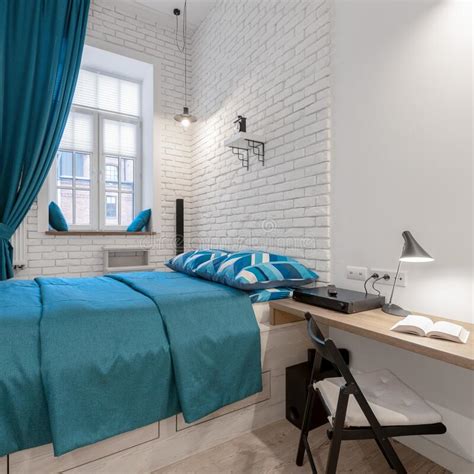 Bright Bedroom With Desk Stock Photo Image Of Brick 216144536