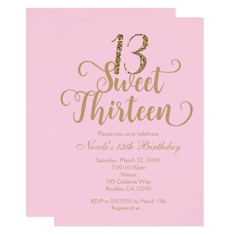 Sweet 13 Pink And Gold Birthday Party Invitations In 2021 Pink And Gold Birthday