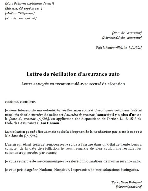 Modèle de lettre de résiliation d assurance auto Gratuit instantASSUR