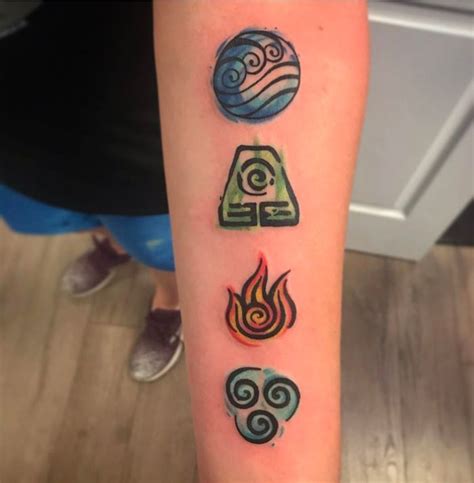 A Person With A Tattoo On Their Arm That Has Four Different Symbols In