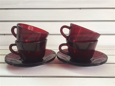 Vintage Ruby Red Cups And Saucers Vintage Anchor Hocking Royal Etsy Coffee Cups And Saucers