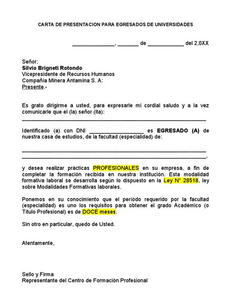 Carta De Presentacion Para Egresados De Universidades Pdf