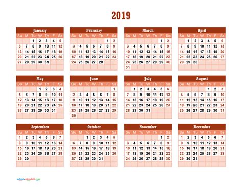 Yearly Calendar 2019 Printable And Editable As Pdf Image
