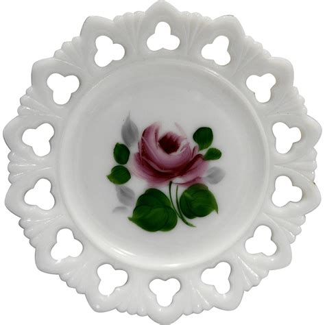 Kemple White Milk Glass Hand Painted Rose Shell Club Lace Edge Plate