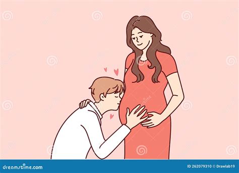 Hombre Feliz Besa El Vientre De Una Mujer Embarazada Ilustración Del