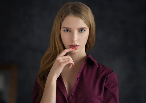 Women Model Blonde Long Hair Looking At Viewer Sensual Gaze Finger On Lips Blue Eyes