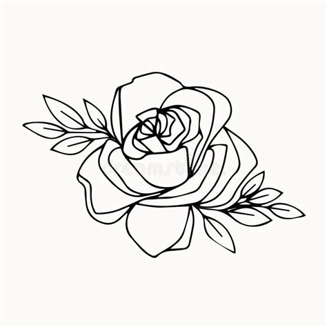 Line Art Of Decorative Hand Drawn Rose With Leaves Stock Vector Illustration Of Logo Isolated