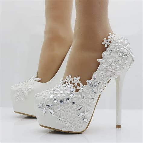 Elegant Heels Fashion White Lace Flower Rhinestone Pumps Wedding Shoes For Women Red Color White