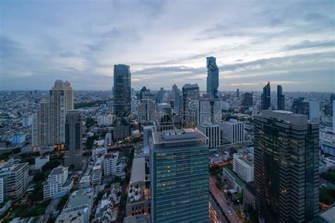 Aerial View Of Bangkok Downtown Skyline With Road Street Thailand
