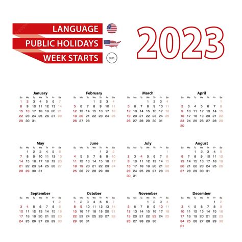Calendario 2023 En Idioma Inglés Con Días Festivos En Los Estados