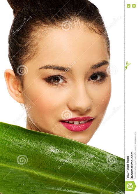 Beautiful Woman With Green Leaf Stock Image Image Of Caucasian
