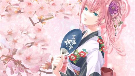 Cherry Blossom Long Hair Anime Girls Anime Japanese Clothes Blue Eyes